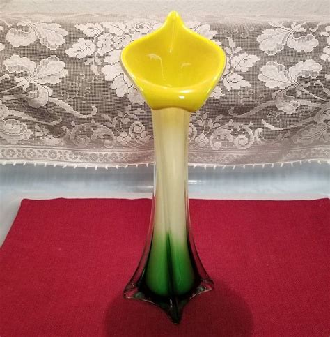 Vintage Murano Art Glass Tulip Bud Vase Yellow With Green Base Jack The Pulpit Vase Etsy