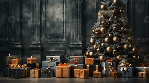 Dark Christmas tree with gifts, winter season background, AI Generated ...