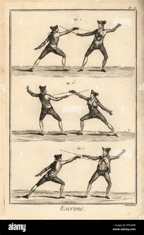 Fencers in outside guard/thrust positions, tierce and carte positions, tierce and seconde ...