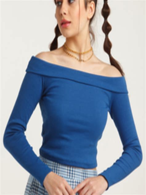 Buy Zink Z Women Blue Striped Off Shoulder Bardot Crop Top Tops For