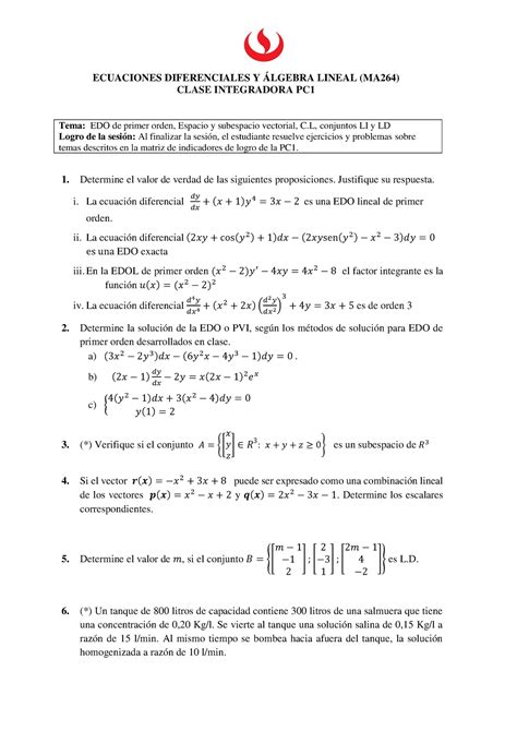 MA264 Clase Integradora PC1 ECUACIONES DIFERENCIALES Y ÁLGEBRA LINEAL