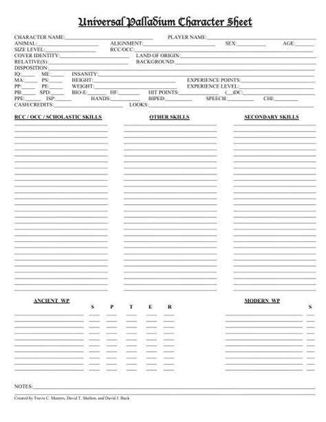 Palladium Rpg Character Sheet