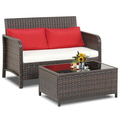 Gymax 2 Piece Patio PE Wicker Rattan Loveseat Sofa Set With Coffee