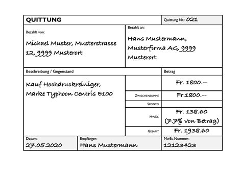 Quittungsvorlage für Barzahlung Schweiz gratis download