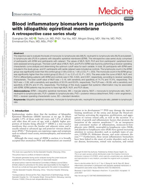 PDF Blood Inflammatory Biomarkers In Participants With Idiopathic