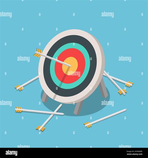 Flat 3d Isometric One Of Many Arrow Hitting On The Center Of Target