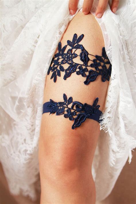 Wedding Garter Set Bridal Garter Set Navy Blue Lace Garters Liguero