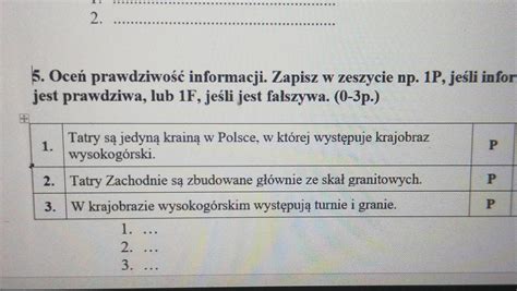 5 Oceń prawdziwość informacji Zapisz w zeszycie np 1P jeśli