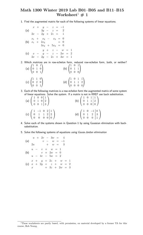 Worksheet 1 Vector Geometry And Linear Algebra Math 1300 Winter