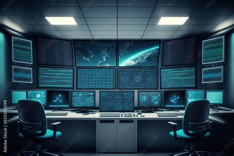 Empty Interior Of Big Modern Security System Control Room Workstation