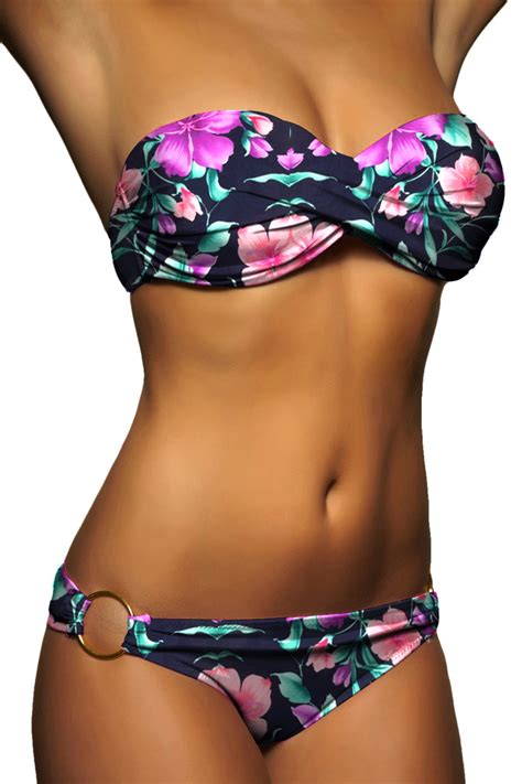 Twist Push Up Bandeau Bikini Set Lila Blumen Alzora Kaufen Sie