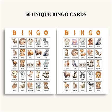 50 Printable Animal Bingo Cards Animal Picture Bingo Animal Birthday ...