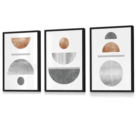 Set Of 3 Copper And Grey Abstract Mid Century Geometric Wall Art Prints 30x42cm A3 Black