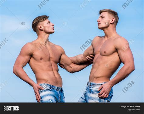Strong Muscles Emphasize Masculinity Sexuality Men Muscular Chest Naked Torso Stand Sky