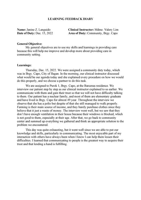Learning Feedback Diary LEARNING FEEDBACK DIARY Name Janine Z