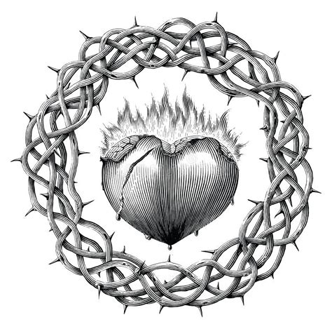 Sacred Heart Surrounded By A Crown Of Thorns Hand Draw Vintage