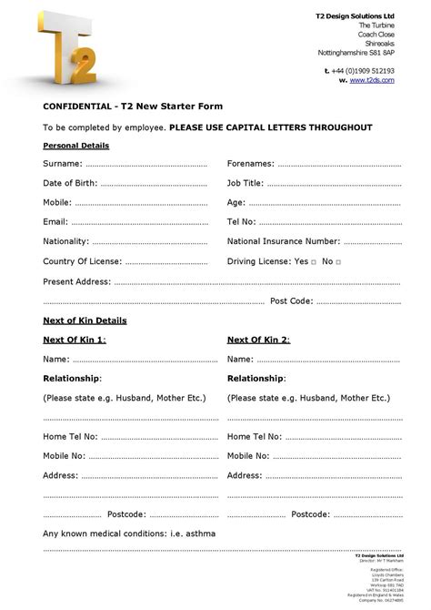 Printable New Employee Starter Form Template Printable Forms Free Online