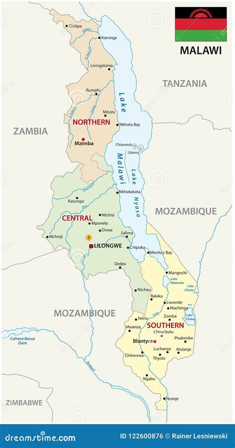 Republic Of Malawi Administrativ And Political Map With Flag Stock