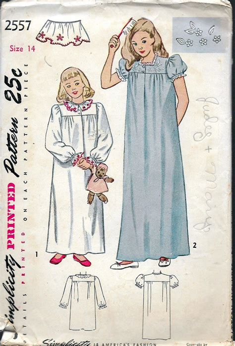 Vintage 1946 Simplicity 2557 Girl S Nightgown Sewing Etsy Girls