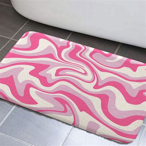 Abstract Wavy Swirl Aesthetic Bathroom Rugs, Cute Pink Non-Slip Bath Rugs, 60s 70s Swirl Retro ...