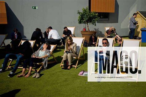 March 3 2015 Barcelona Spain Mobile World Congress Attendees Resting At The Fairgrounds