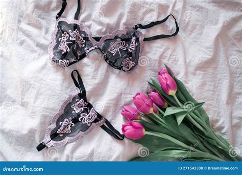 Lace Lingerie On Bed Background With Flowers Top View Stock Photo Image Of Passion Beauty