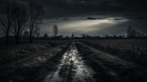 Premium AI Image | A dark, gloomy, country road with a dark sky and trees.