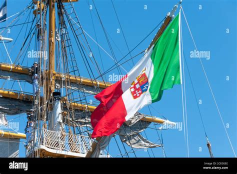 Italian Navy Flag Waving On The Training Ship Of The Italian Navy