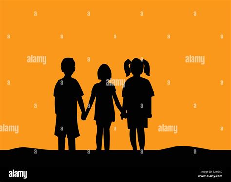 Silhouette of three children friendship at sunset.People friendship ...