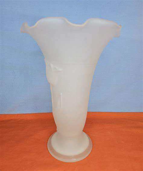 Frosted Glass Tulip Vase Embossed Flowers Vintage Vessel 1075tall Ebay