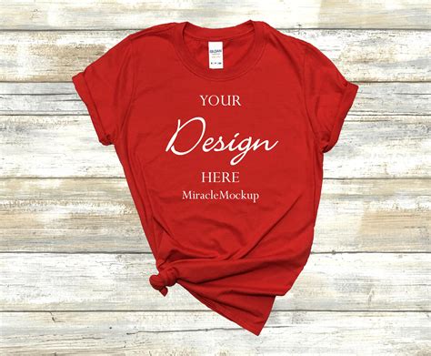 Gildan Red Softstyle Mock Up T Shirt 64000 Mock Up Wood Etsy