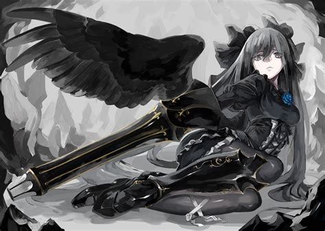 Reiuji Utsuho, black hair, orange eyes, simple background, zettai ryouiki, cleavage, wings ...