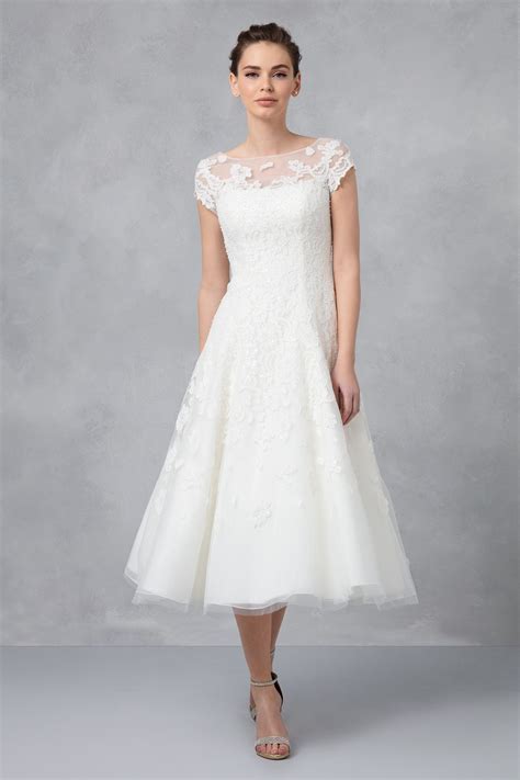 Discount Oleg Cassini Short Wedding Dresses Cap Sleeve Lace Applique