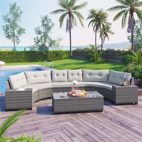 Harper And Bright Designs Modern Half Moon Gray Wicker Outdoor Sectional Set With Beige Cushions