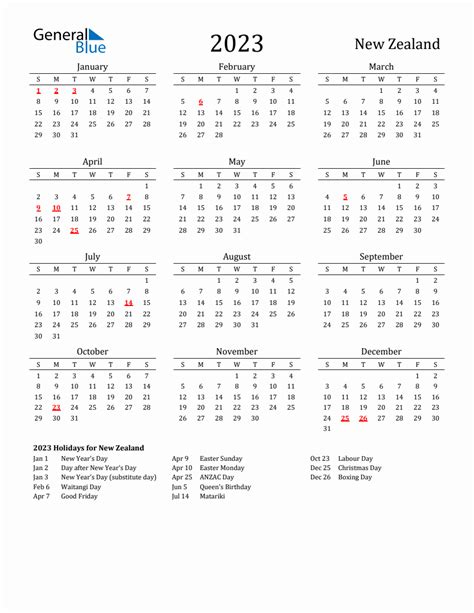 Free New Zealand Holidays Calendar for Year 2023