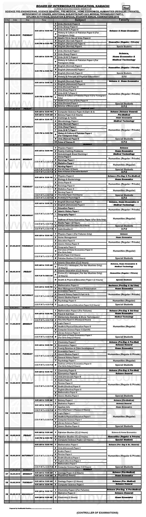 Biek Karachi Board Inter Part 2 Date Sheet 2023