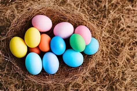 Una Canasta De Coloridos Huevos De Pascua Se Asienta Sobre Una Pajita