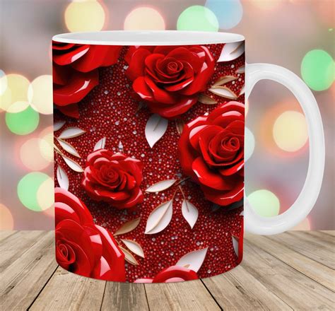 3d Crystal Red Roses Mug Wrap 11oz And 15oz Mug Template Mug Sublimation Design Mug Wrap