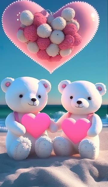 Dos Ositos De Peluche Con Corazones En La Playa Foto Premium