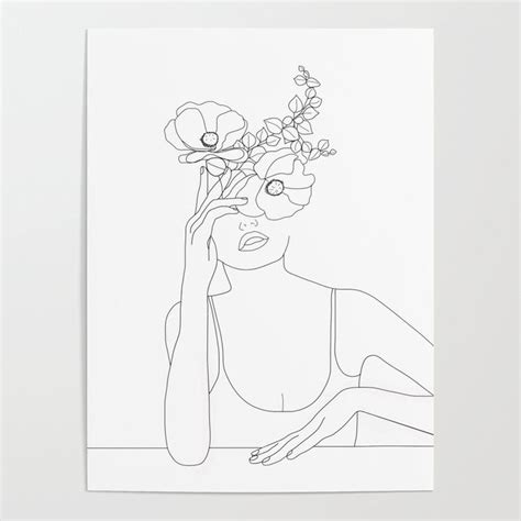 Minimal Line Art Woman With Flowers Ii Poster By Nadja 18 X 24