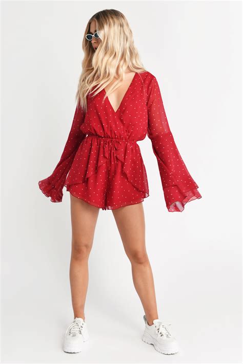 Serena Bell Sleeve Romper In Red 62 Tobi Us