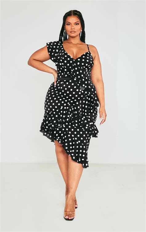 Plus Black Polka Dot Ruffle Detail Midi Dress Plus Size Prettylittlething