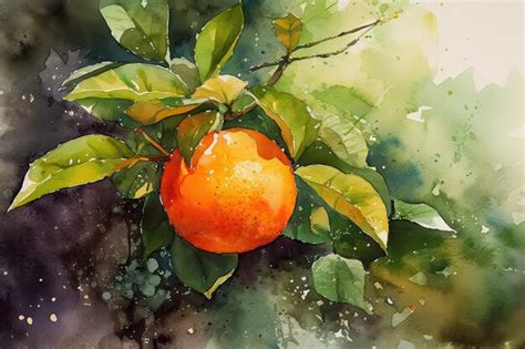 Premium AI Image | A watercolor painting of an orange on a branch.