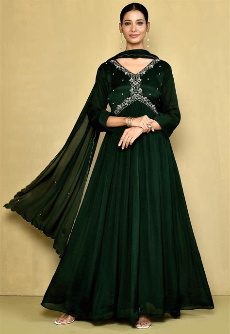 Buy Embroidered Chinon Chiffon Abaya Style Suit In Dark Green Online