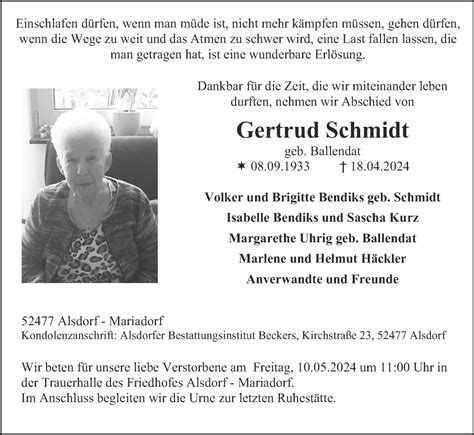 Traueranzeigen Von Gertrud Schmidt Aachen Gedenkt