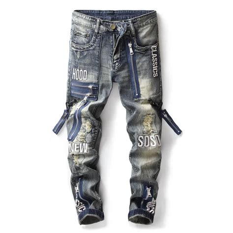 Newsosoo Fashion Mens Hi Street Ripped Jeans Pants With Multi Zippers