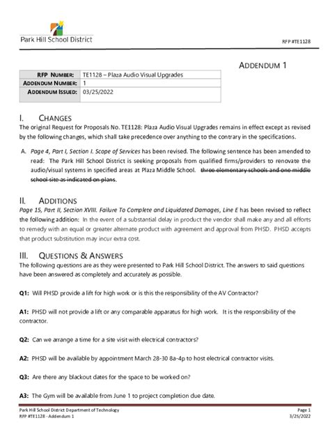 Fillable Online ADDENDUM 1 CHANGES II ADDITIONS III QUESTIONS Fax