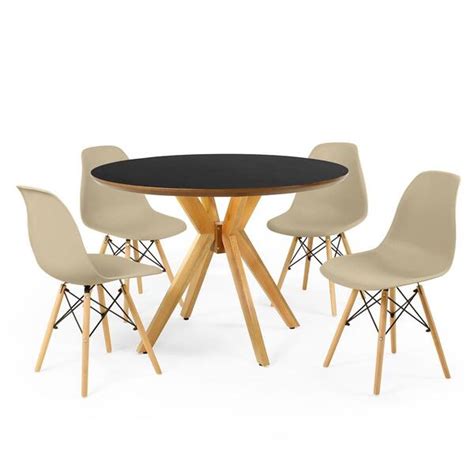 Conjunto Mesa De Jantar Redonda Marci Premium Preta 100cm 4 Cadeiras Eames Eiffel Nude