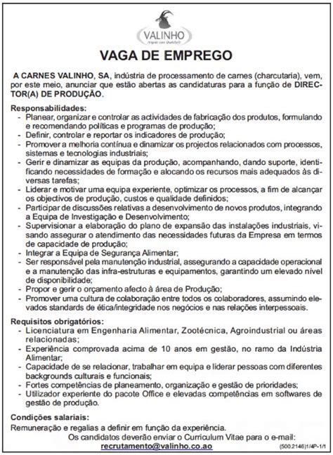 VAGA PARA DIRECTOR A DE PRODUÇÃO Empregos Yoyota Angola