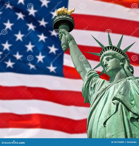 Statue Of Liberty Sunny Sky And Usa Flag Stock Photo Image 46726885